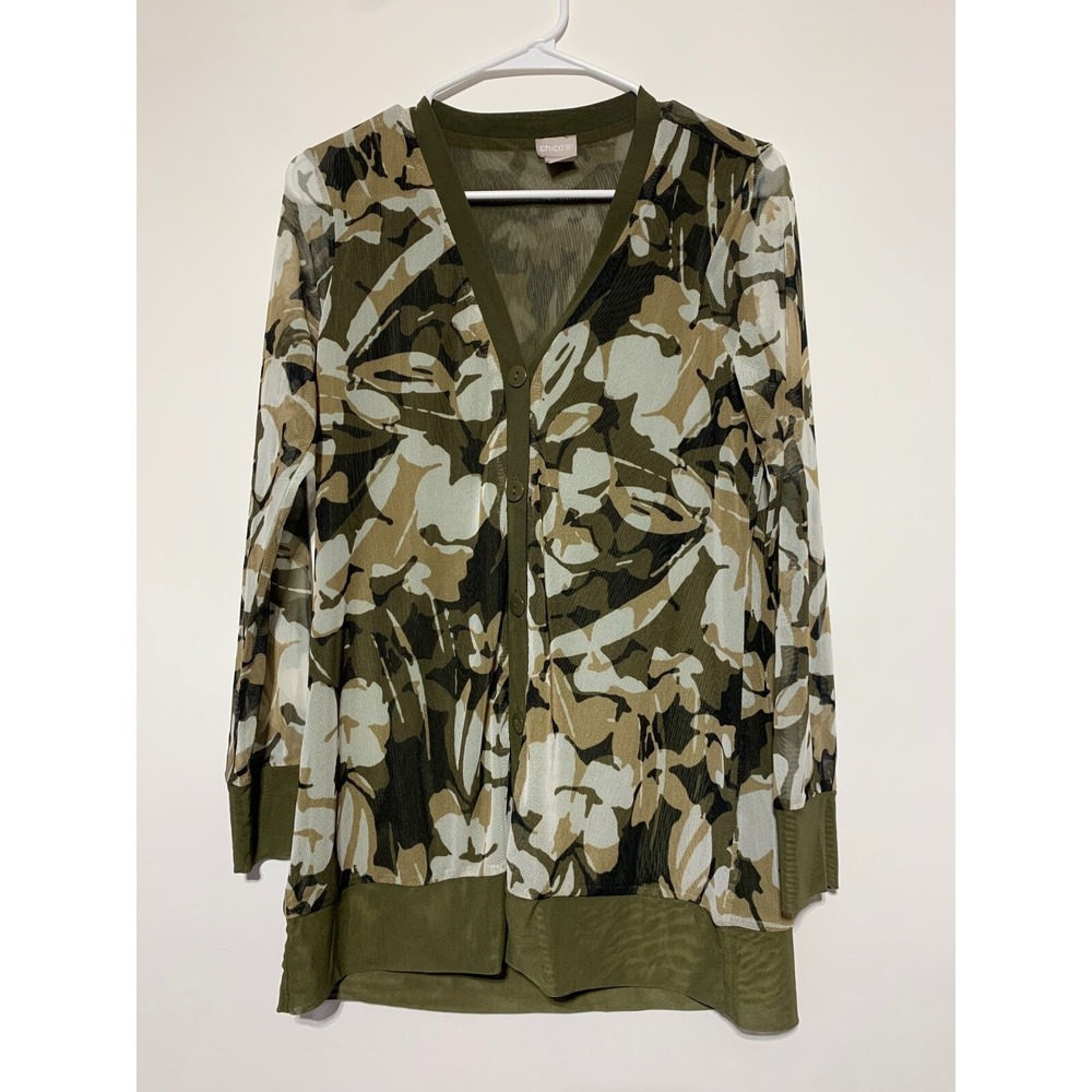 Chicos Women Size 0 Green Camo Floral Print Mesh Cardigan